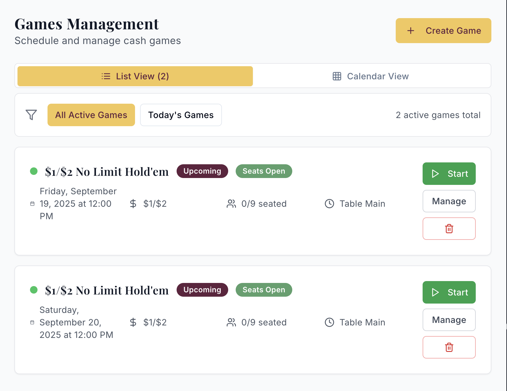 Cash games dashboard showing active tables with game types, buy-ins, and available seats