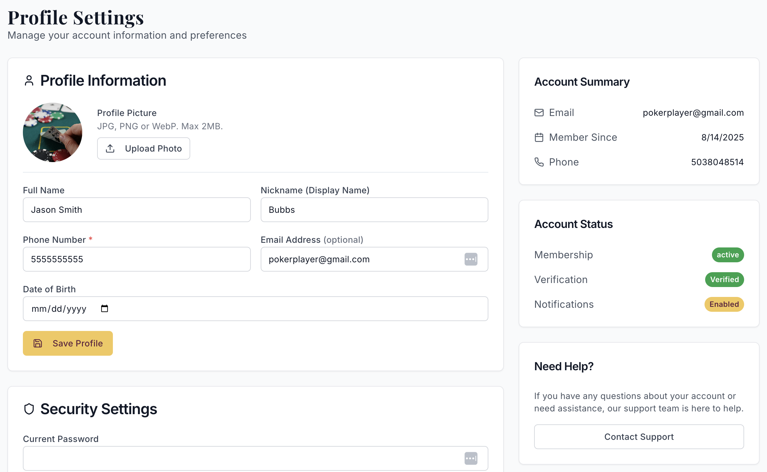 Player profile page showing contact information, membership status, and game history