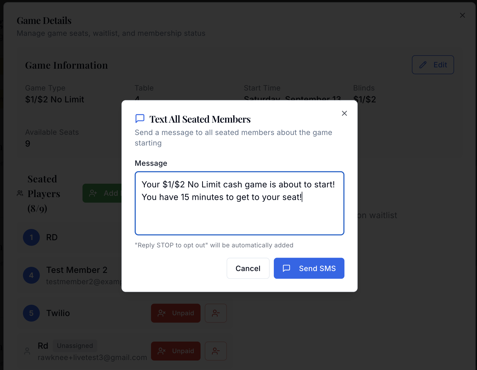 SMS notification settings for player alerts about game availability and seat openings
