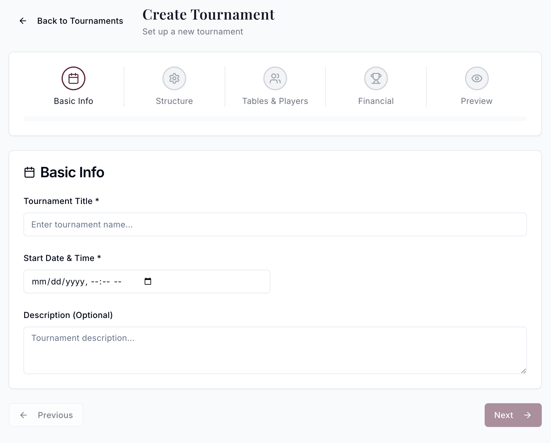 Tournament creation form with blind structure, buy-in, and schedule configuration options