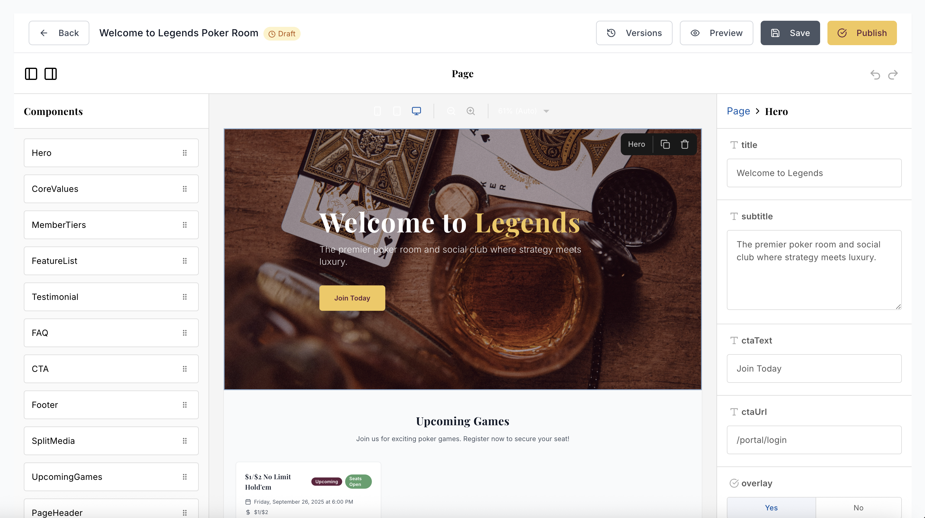 Content management system for editing poker room website with drag-and-drop page builder